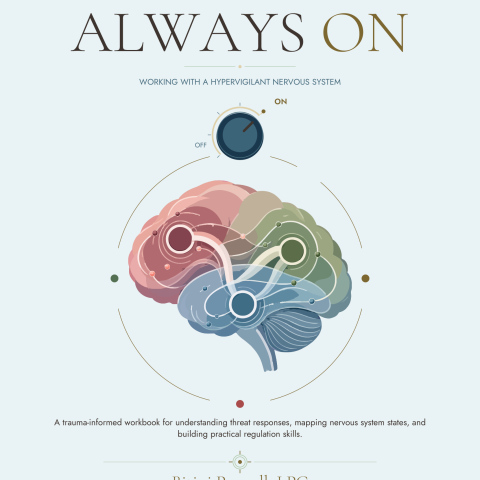 Cover of the Always On workbook: an illustrated brain with colour-coded regions linked by fine lines, above the subtitle "Working With a Hypervigilant Nervous System", by Bitini Pannell, LPC.